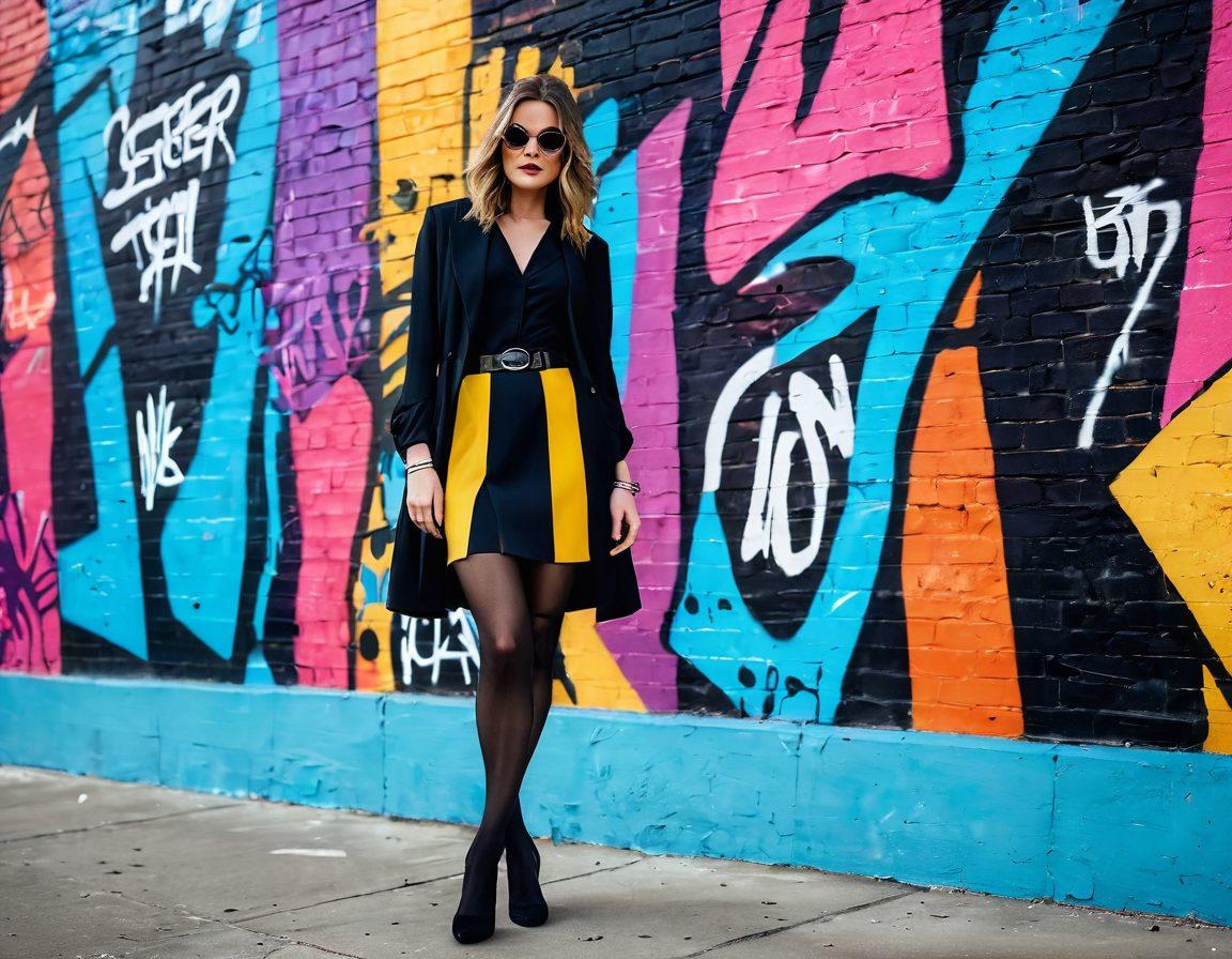 A stylish modern woman confidently showcasing chic hosiery in a vibrant urban setting, surrounded by fashionable outfits and accessories. The light highlights the textures of the hosiery, while she poses with a blend of elegance and attitude. The background features colorful graffiti art, emphasizing a contemporary fashion scene. super-realistic. vibrant colors. urban backdrop.