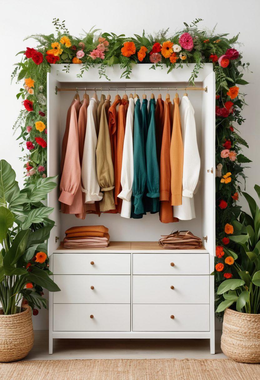 A beautifully styled wardrobe featuring eco-friendly clothing made from organic materials, surrounded by lush greenery and vibrant flowers. Incorporate elements like recycled accessories and natural fibers, highlighting the concept of sustainability. Soft, warm lighting to evoke a cozy and inviting atmosphere. super-realistic. vibrant colors. white background.
